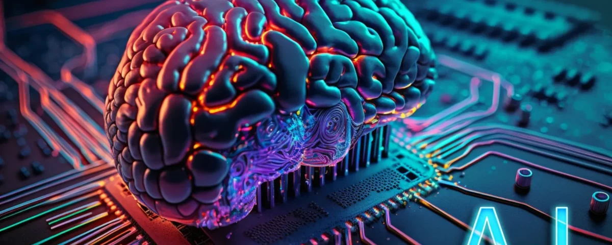 A vibrant, digitally rendered brain sits atop a circuit board, symbolizing the fusion of technology and artificial intelligence.