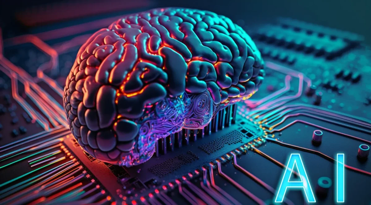 A vibrant, digitally rendered brain sits atop a circuit board, symbolizing the fusion of technology and artificial intelligence.