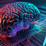 A vibrant, digitally rendered brain sits atop a circuit board, symbolizing the fusion of technology and artificial intelligence.