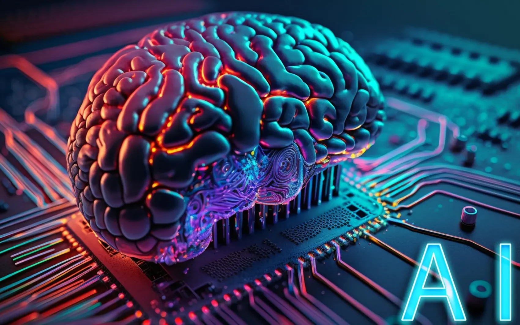 A vibrant, digitally rendered brain sits atop a circuit board, symbolizing the fusion of technology and artificial intelligence.
