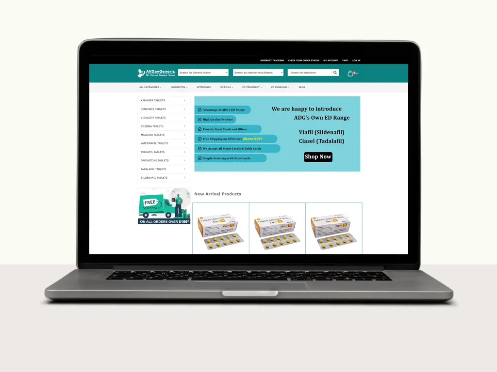 A laptop displaying the AllDayGeneric website, featuring an ED product range and promotional offers for shipping and payment.