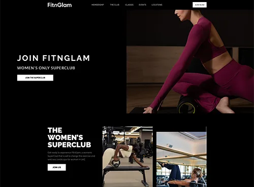 Women exercising at FitnGlam, a women's only superclub, showcasing yoga and workout sessions in a modern fitness studio.