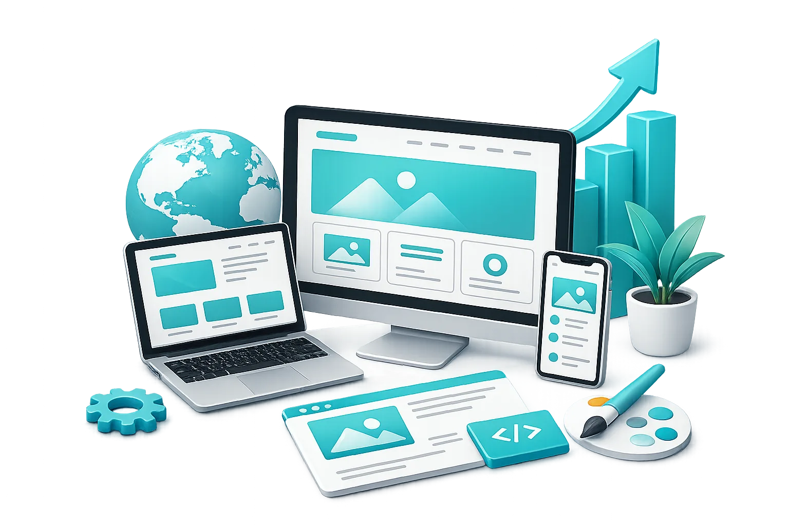 Illustration of web design and development with desktop, laptop, smartphone, coding, art tools, globe, and growth chart elements.