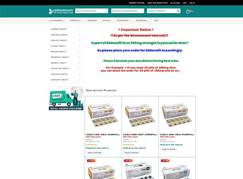 Screenshot of a medicine website showing an important notice about Sildenafil export rules and listings of new arrival products with prices.