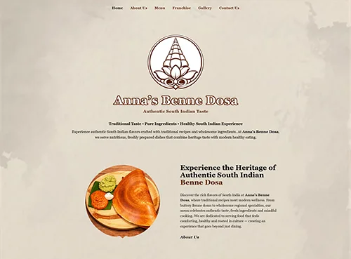 Website homepage of Anna’s Benne Dosa featuring authentic South Indian cuisine, logo, navigation menu, and a dosa dish with chutneys.