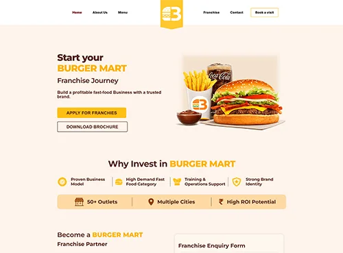 Website homepage promoting Burger Mart franchise opportunity with burger meal image, benefits, and call-to-action buttons.