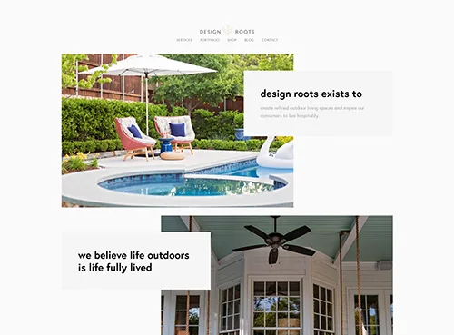Website homepage showcasing outdoor living spaces including a pool area with chairs and a cozy covered porch with a ceiling fan.