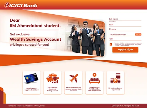 Promotional website from ICICI Bank offering exclusive Wealth Savings Account benefits for IIM Ahmedabad students with application form and key features.