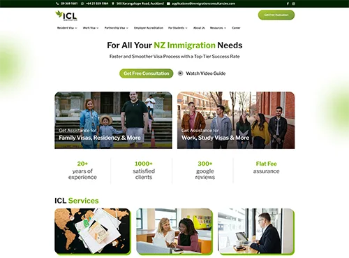 Screenshot of ICL Immigration Consultancy website offering visa assistance for family, work, and study with free consultation and positive reviews in New Zealand.