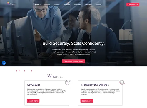 Screenshot of a corporate website homepage for a platform delivering secure, scalable engineering solutions with AI-assisted automation and expert services.