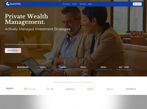 Website homepage for Quantel Private Wealth Management showing two professionals discussing data on a digital tablet in a modern office setting.