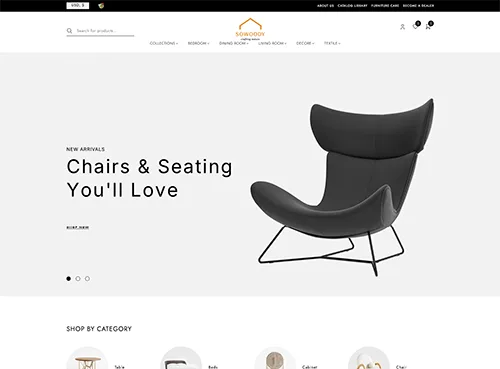 Website homepage showcasing a modern black lounge chair with the text New Arrivals: Chairs & Seating You'll Love and navigation options.
