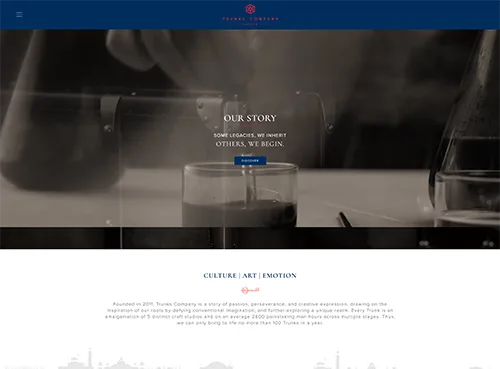Website homepage of Turkish Company featuring a dark image of coffee being poured with the text Our Story and a company description below.