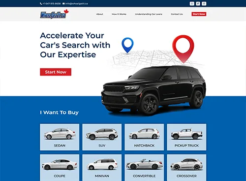 Website homepage showing a car search service with various vehicle types and a black SUV illustration on a map background.