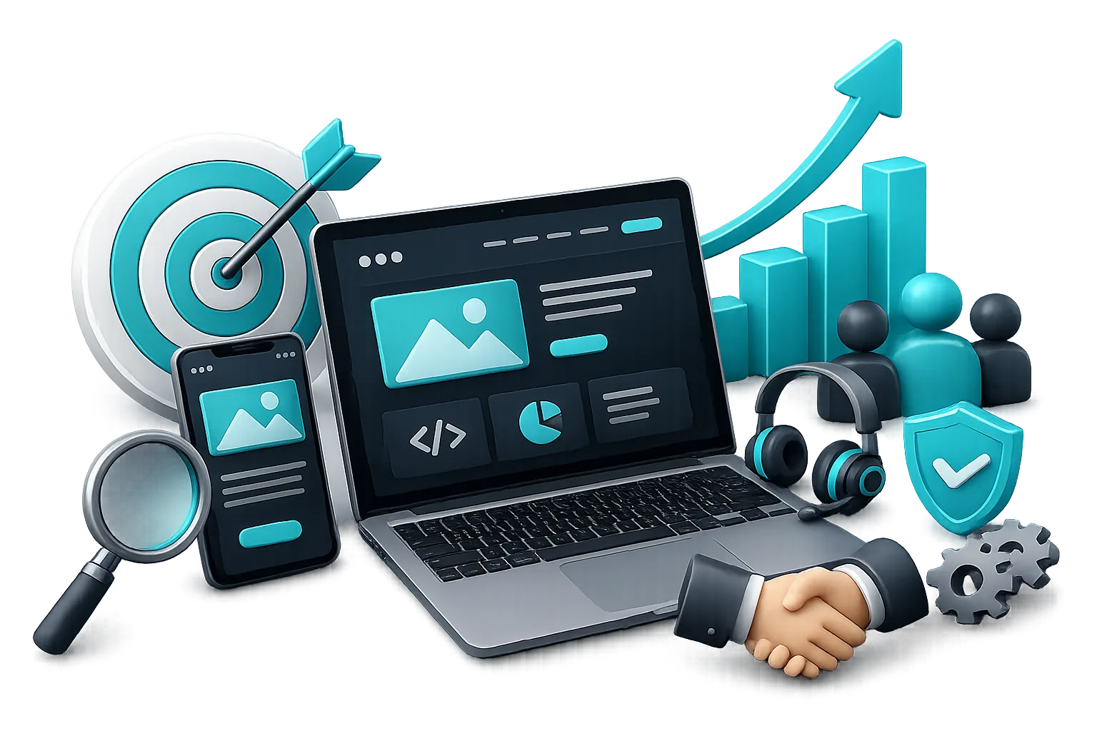 Laptop and smartphone with analytics, magnifying glass, target, handshake, headset, shield, gears, and upward graph representing business growth and collaboration.