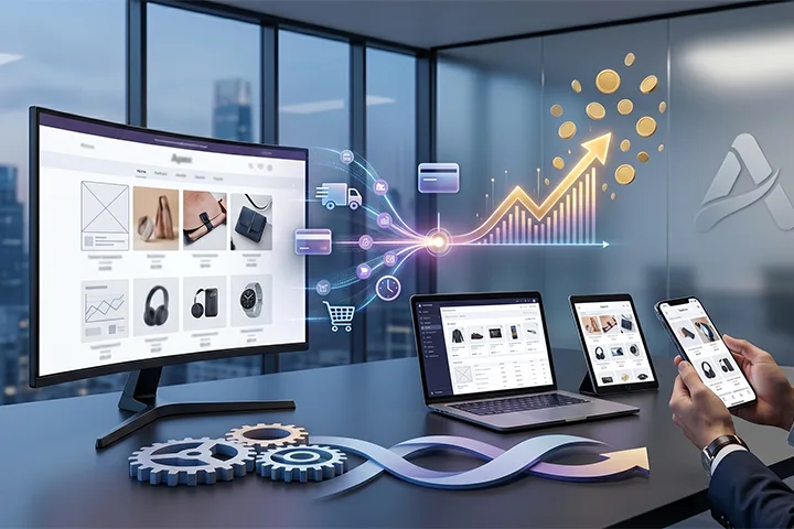 Digital marketing concept showing e-commerce on multiple devices with icons, gears, arrows, and growth charts in a modern office setting.