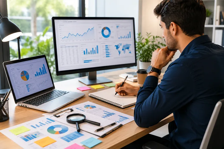 Dashboard showing Google Search Console data, keyword positions, backlinks, and organic traffic growth charts.