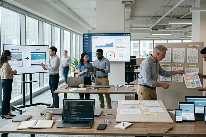 Team collaborating in modern office with charts on screens and paper prototypes on wall, laptops and notebooks on desks.