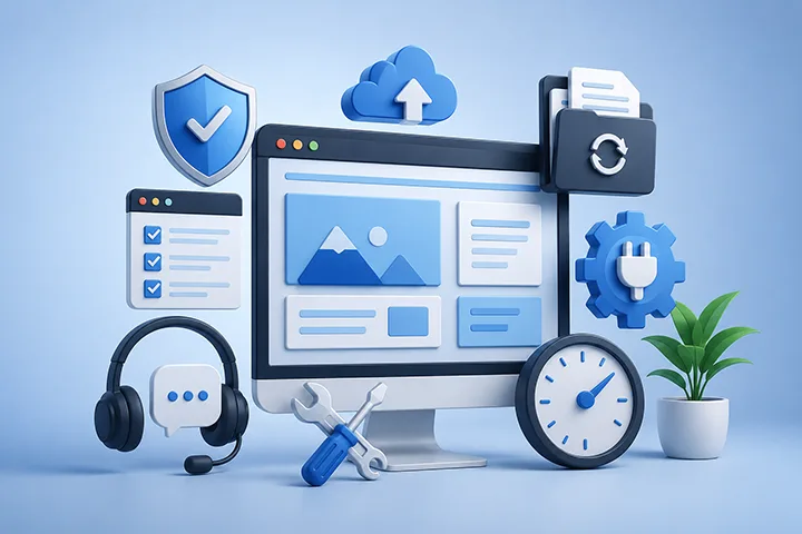3D illustration showing website maintenance icons including security shield, backup files, plugin updates, uptime monitor, and technical support headset.