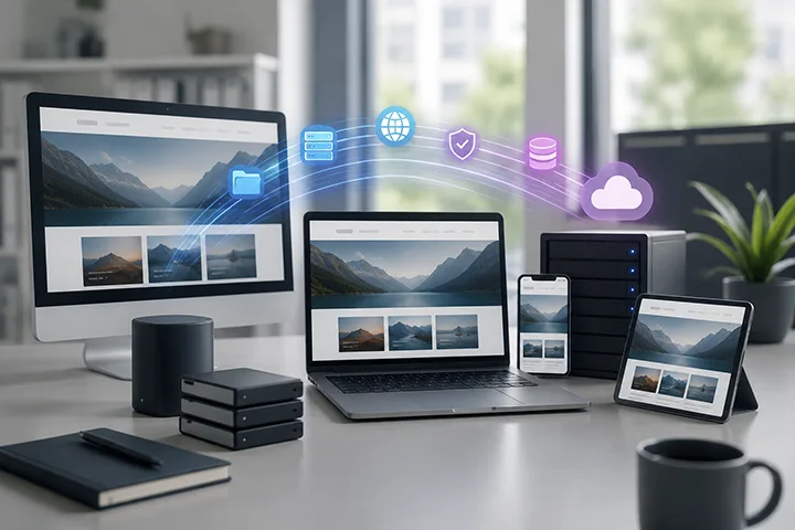 Multiple devices including a monitor, laptop, smartphone, and tablet sharing data with cloud storage and security icons above.