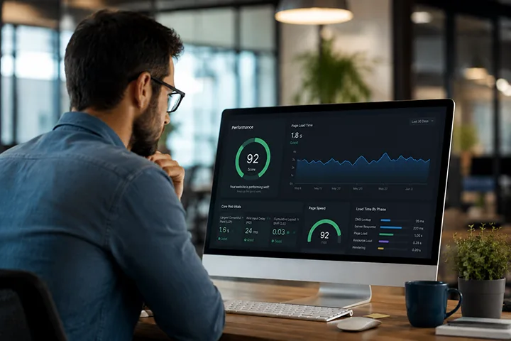 Man analyzing website performance metrics including score, page load time, and core web vitals on a desktop computer in an office.