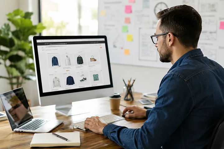 Man wearing glasses browsing clothing items on an online store at a desk with a laptop and notebook nearby.
