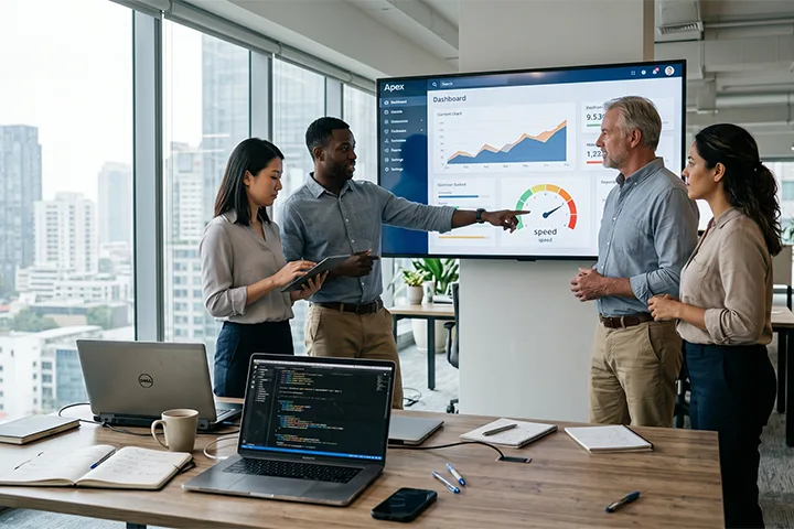 Team of four discussing data analytics and speed metrics on large screen in modern office with laptops and notebooks.