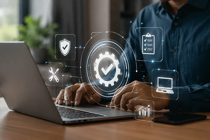 Person typing on laptop with digital security, tools, checklist, and analytics icons floating above the keyboard.