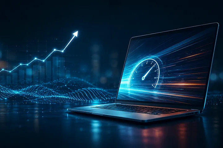 Laptop displaying a glowing speedometer with digital data streams and an upward trending graph in the background, symbolizing fast performance.