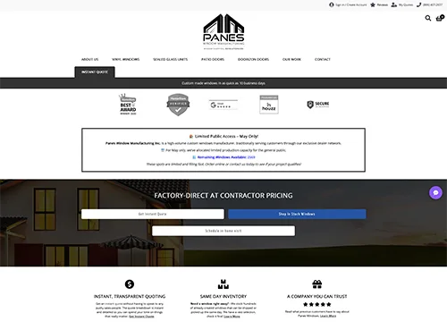 Screenshot of Panes Window Windows Inc. website homepage featuring navigation menu, award icons, and options for instant quotes and window purchases.