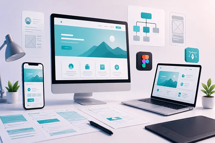 Workspace with desktop, laptop, smartphone displaying website design layouts, UX wireframes, and design tool icons on a white desk.