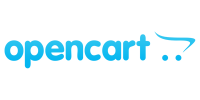 Logo of opencart, featuring the company name in blue with a stylized cart symbol resembling a rocket launch.