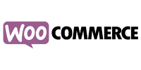 Logo of WooCommerce, featuring Woo in white on a purple speech bubble and Commerce in black text.